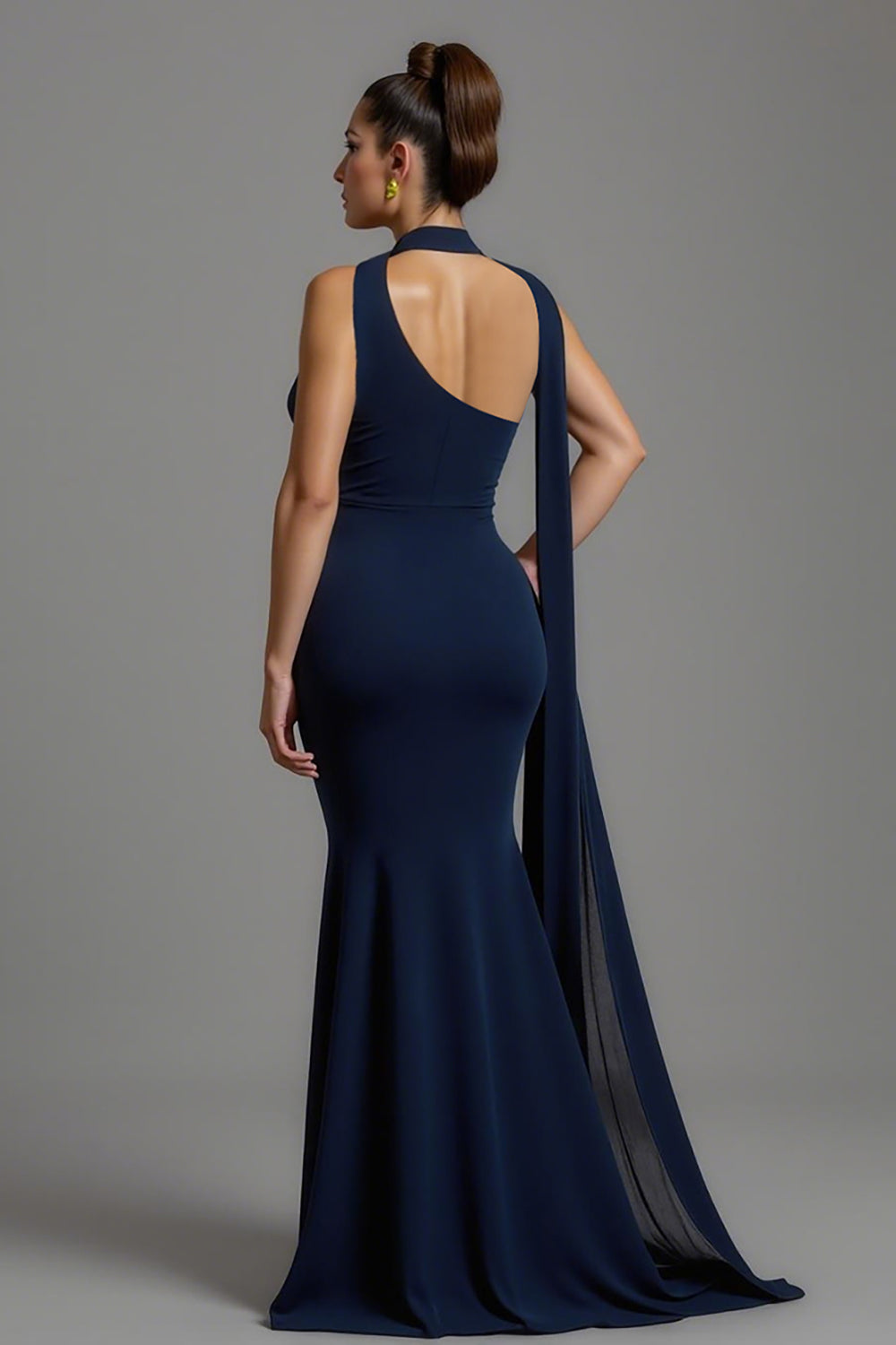 Mermaid Navy Satin Neck Scarf Long Formal Dress