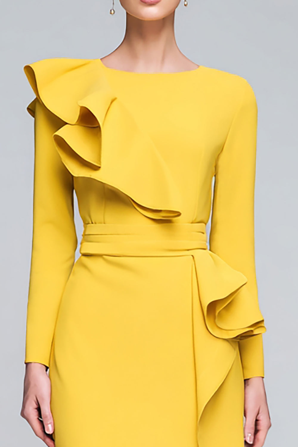 Yellow Sheath Round Neck Midi Work Dress with Ruffles