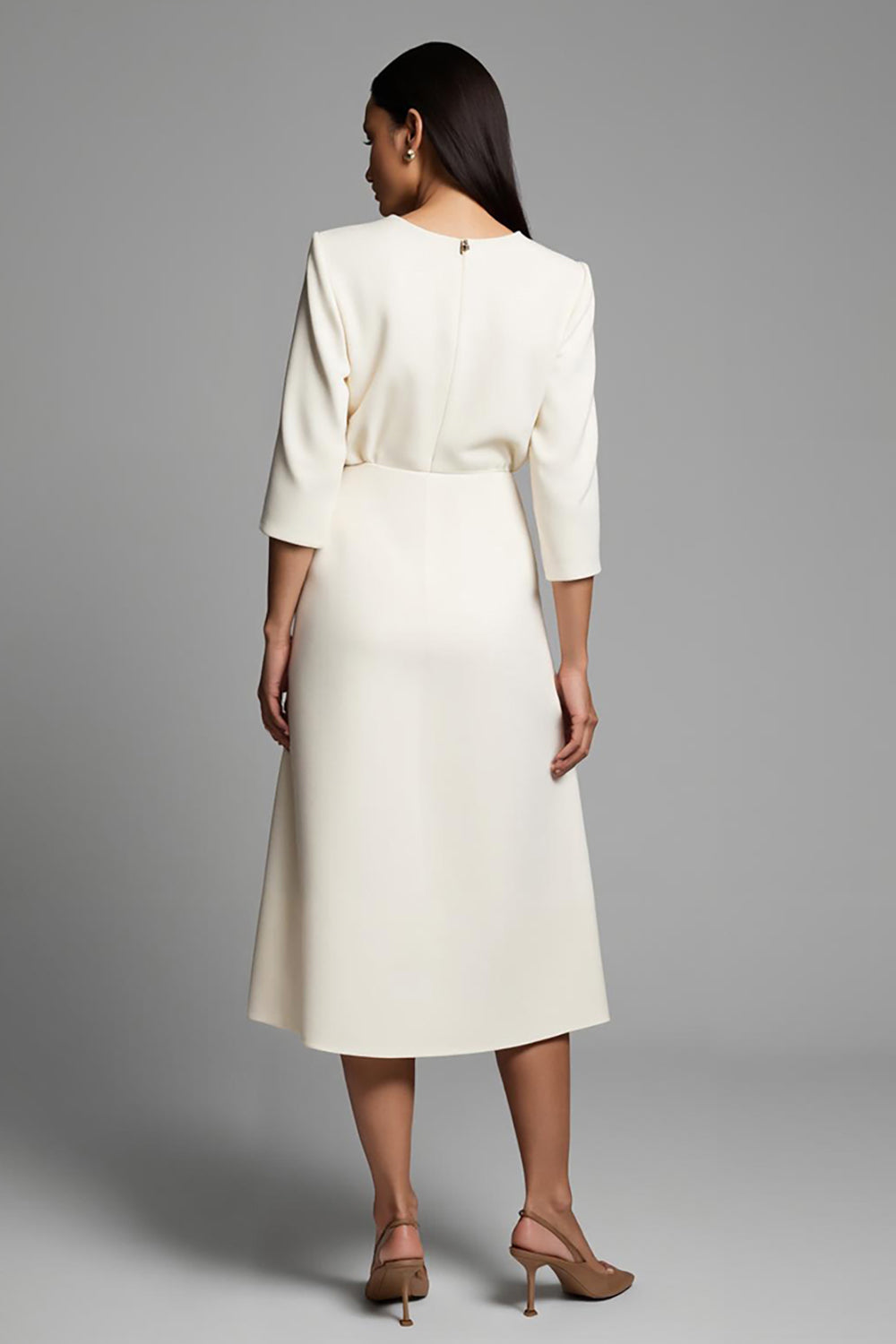 Ivory Round Neck A Line Midi Work Dress with Slit