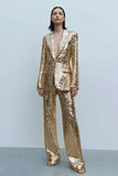 2 Piece Sparkly Gold Sequins Women Prom Suits With Pockets
