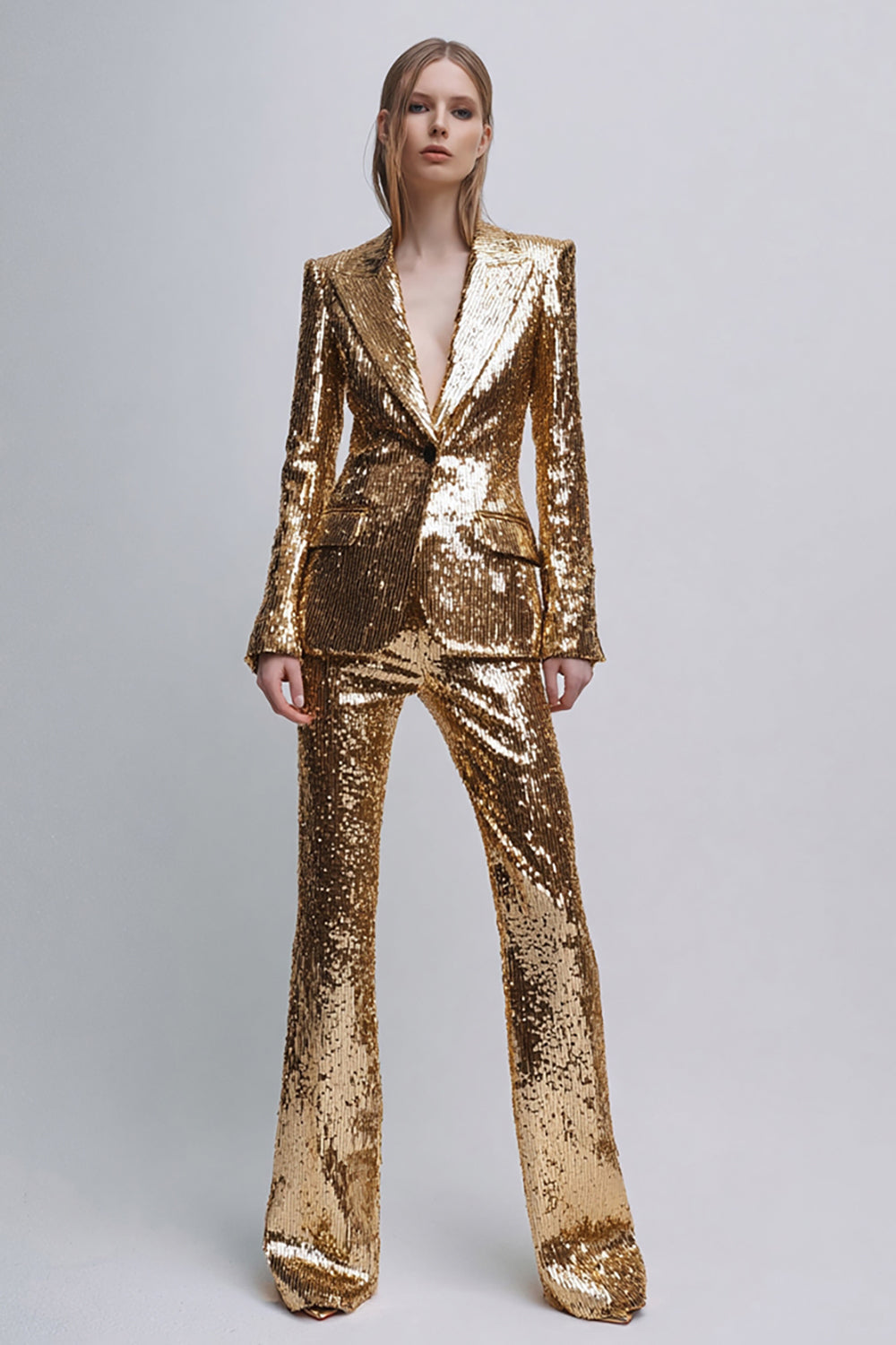 2 Piece Sparkly Gold Peak Lapel Women Prom Suits With Sleeves