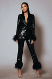 Sparkly 2 Piece Black Women Prom Suits With Feathers