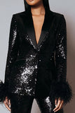 Sparkly 2 Piece Black Women Prom Suits With Feathers
