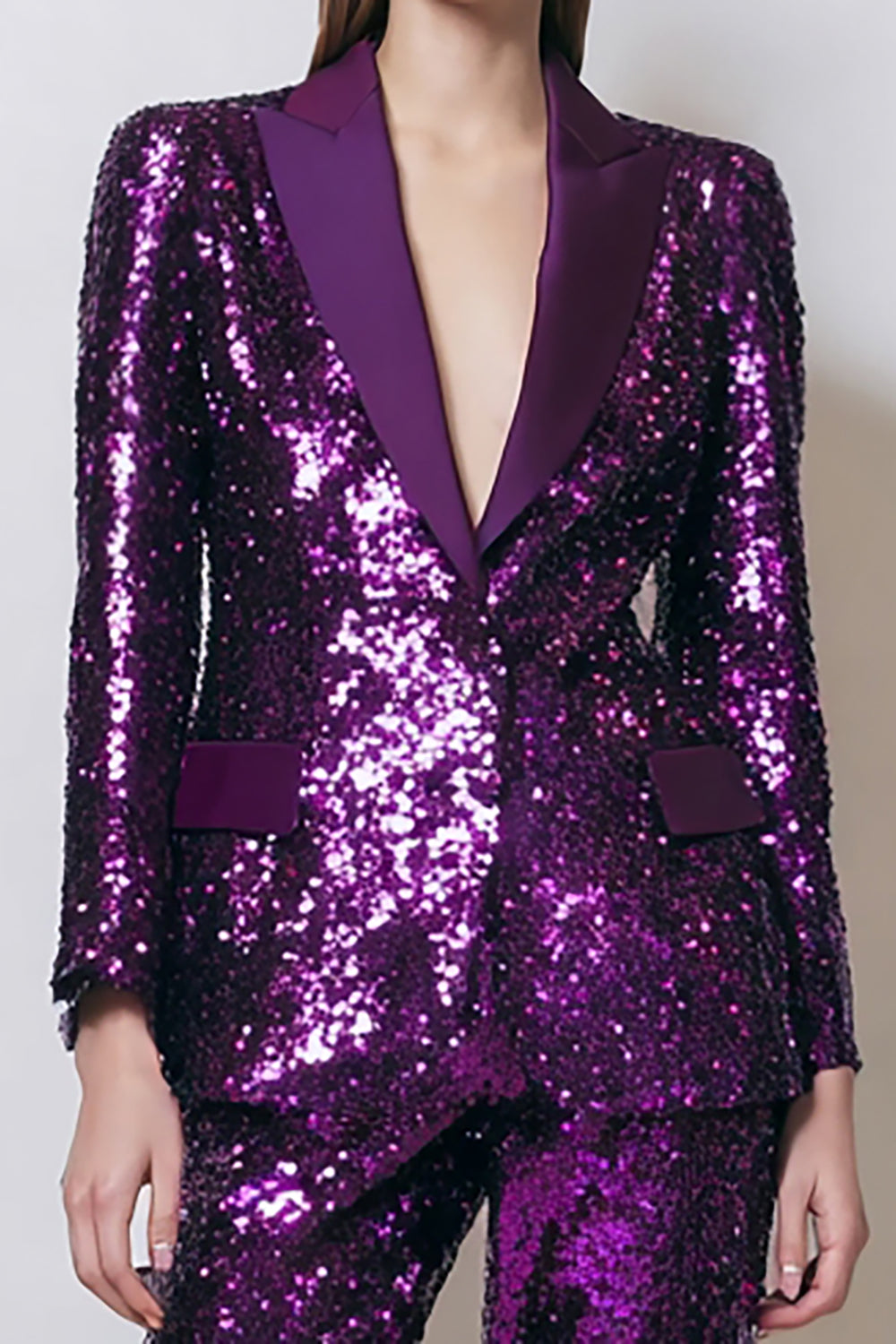 Sparkly Sequins Dark Purple 2 Piece Women Prom Suits With Pockets
