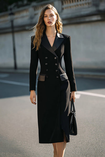 Zapaka Women Black Long Sleeves Pencil Blazer Dress Double Breasted Midi Work Dress with Pockets, Black / 3XL