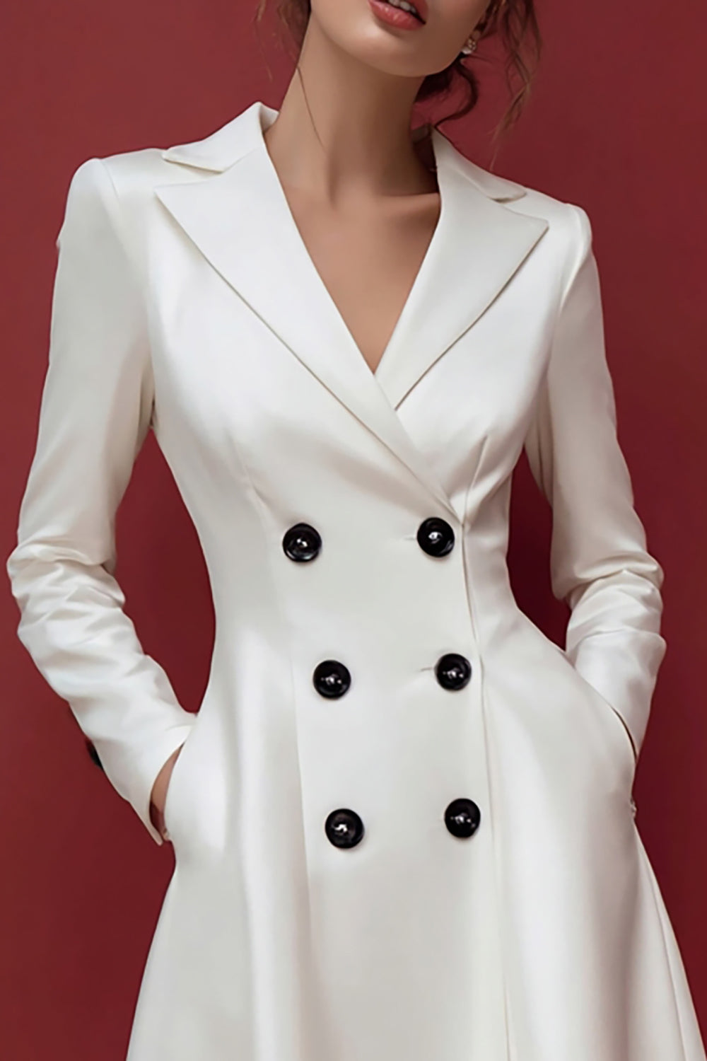 Ivory Satin Double Breasted Notched Lapel Midi Work Dress
