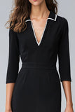 Black V Neck Pencil Midi Work Dress With Slit