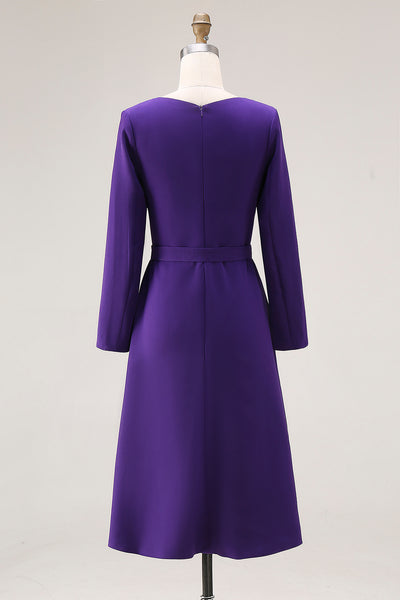 Zapaka Women Purple Work Dress A Line Boat Neck Long Sleeve Midi Semi Formal Dress, Dark Purple / US16W