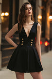 Black A Line Satin Buttons Short Cocktail Dress