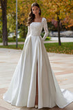 Ivory Square Neck Long Sleeve Satin Wedding Dress with Lace