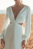 A Line V Neck Ivory Cut Out Wedding Dress with Long Sleeves