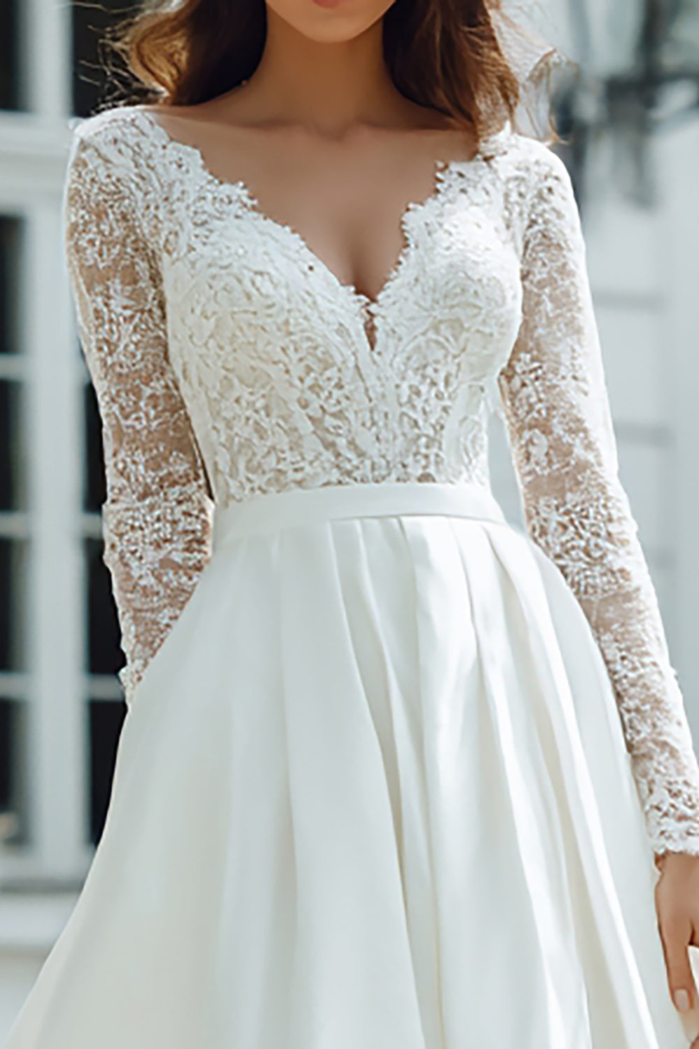 Ivory Long Sleeve A Line V Neck Lace Wedding Dress