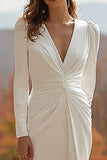 Ivory Ruched Long Sleeve Sheath Wedding Dress