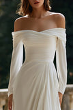 A Line Off The Shoulder Ivory Ruched Wedding Dress