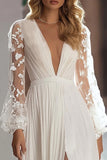 Ivory Pleated Long Sleeve A Line Wedding Dress
