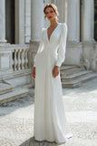 Ivory Long Sleeve Sheath Pleated Wedding Dress