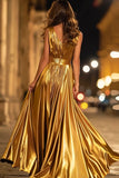 Metallic V-Neck A-Line Gold Long Formal Dress With Slit