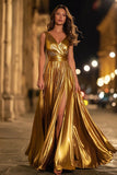 Metallic V-Neck A-Line Gold Long Formal Dress With Slit