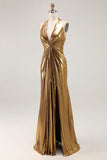 Gold Halter Metallic Ruched Long Formal Dress wth Slit