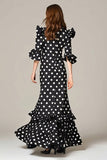 Black and White A-Line Chiffon Polka Dots Dress with Ruffles