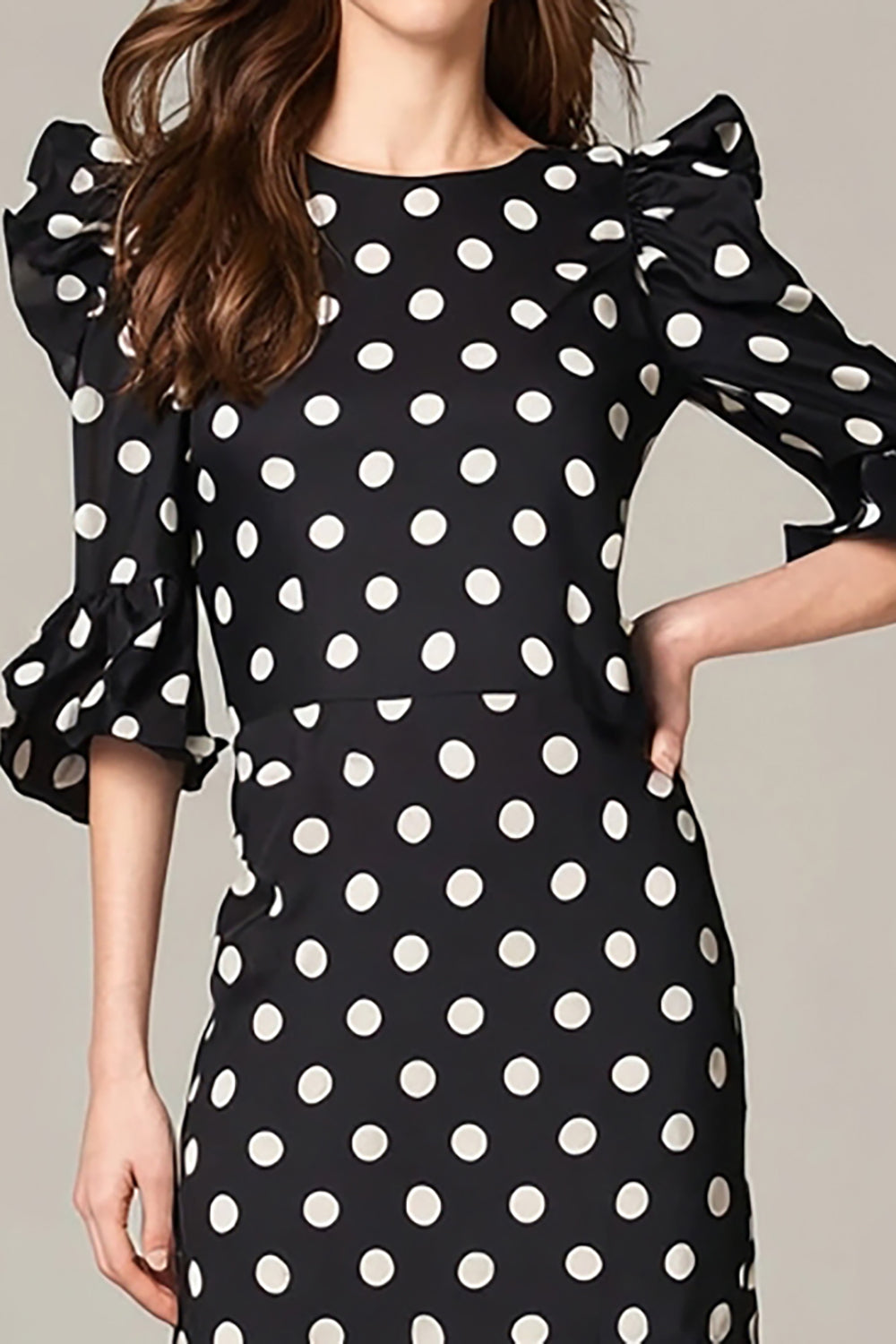 Black and White A-Line Chiffon Polka Dots Dress with Ruffles