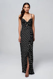 Black Spaghetti Straps Chiffon Sheath Polka Dots Dress with Slit