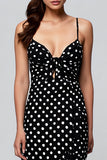 Black Spaghetti Straps Chiffon Sheath Polka Dots Dress with Slit