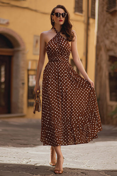 Zapaka Women Brown Chiffon A-Line Polka Dots Dress Halter Tea Length Formal Dress, Brown / US22W