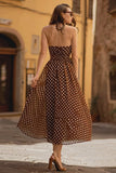Brown Chiffon A-Line Halter Tea Length Polka Dots Dress