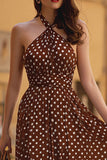 Brown Chiffon A-Line Halter Tea Length Polka Dots Dress