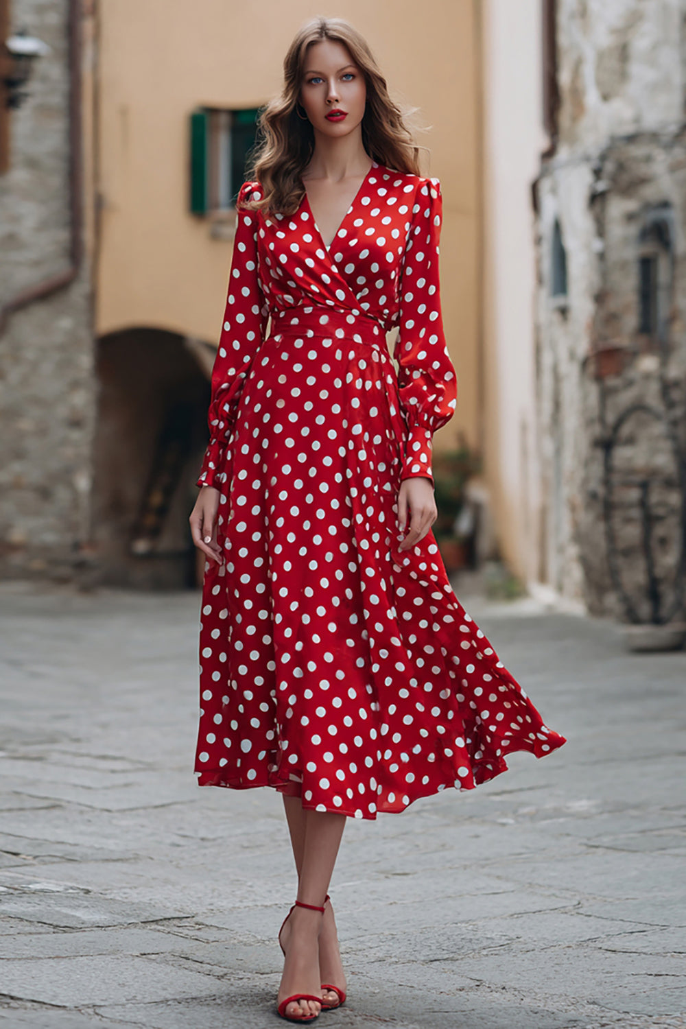 Red and White Chiffon V-Neck A-Line Long Sleeves Polka Dots Dress