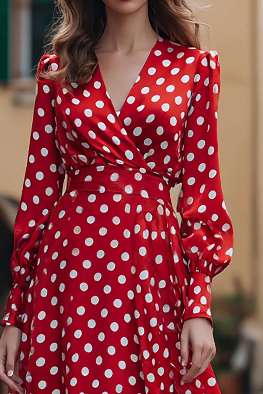 Red and White Chiffon V-Neck A-Line Long Sleeves Polka Dots Dress