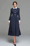 Navy Satin A-Line Long Sleeves Tea Length Polka Dots Dress
