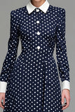 Navy Satin A-Line Long Sleeves Tea Length Polka Dots Dress