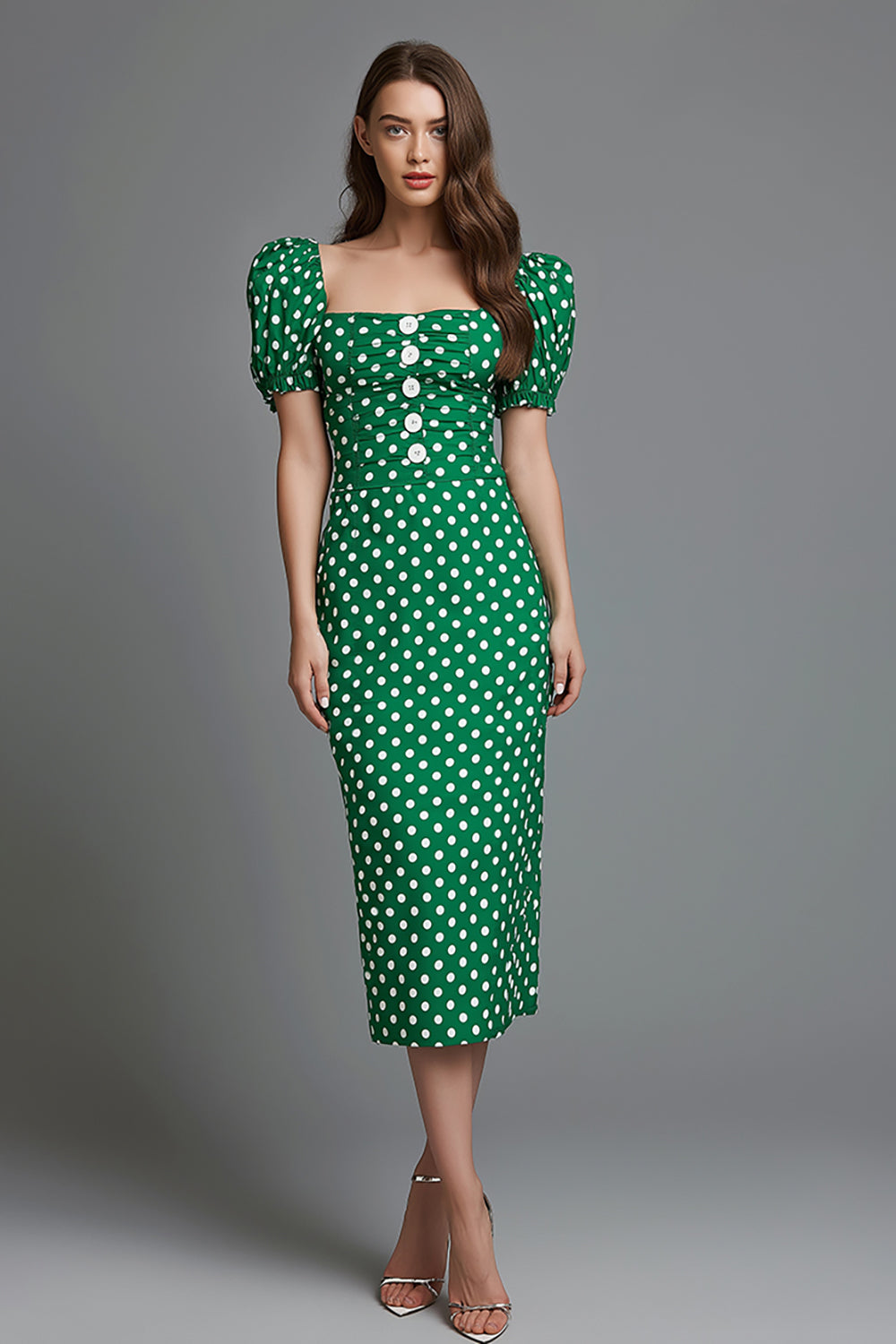 Green Satin Square Neck Sheath Tea Length Polka Dots Dress