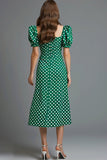 Green Satin Square Neck Sheath Tea Length Polka Dots Dress