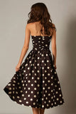 Dark Brown Satin Strapless A-Line Polka Dots Dress