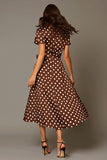 Brown Satin A-Line V-Neck Tea Length Polka Dots Dress