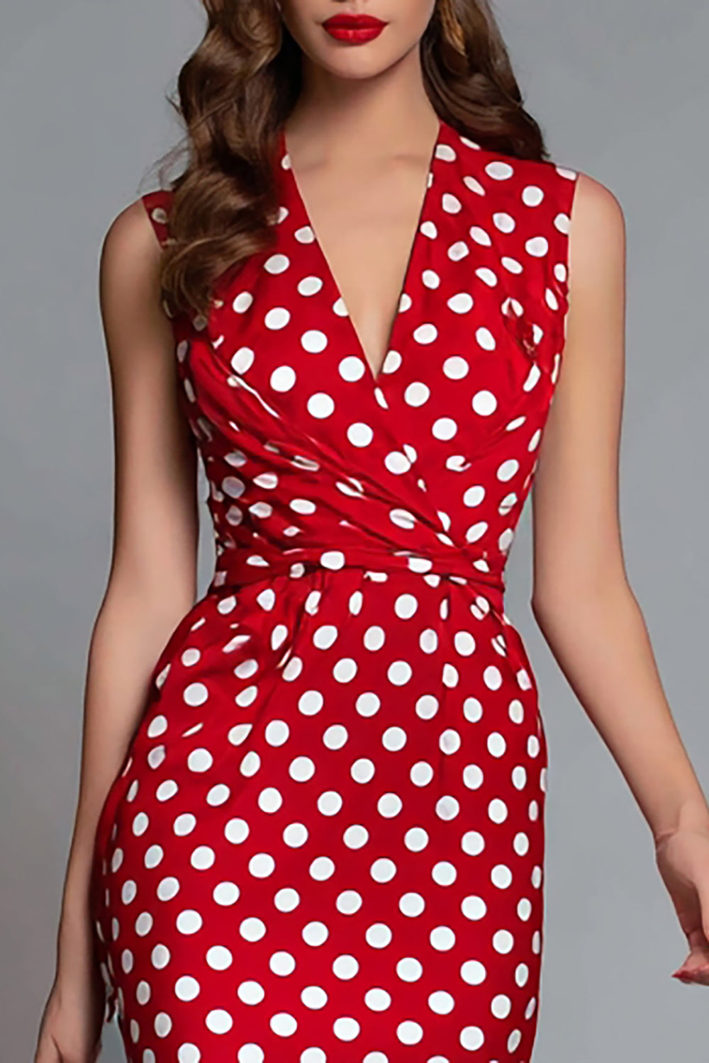 Red Satin V-Neck Bodycon Tea Length Polka Dots Dress