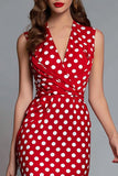 Red Satin V-Neck Bodycon Tea Length Polka Dots Dress