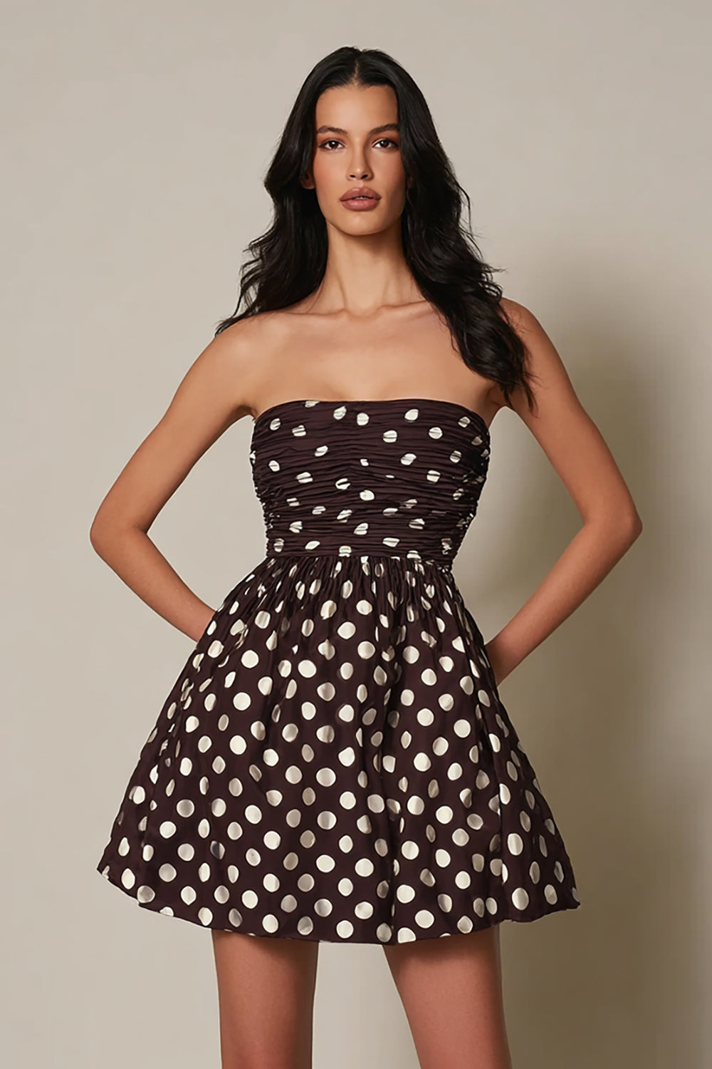 Dark Brown Strapless A-Line Satin Short Polks Dots Dress