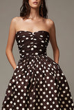 Dark Brown Strapless Satin A-Line Midi Polka Dots Dress