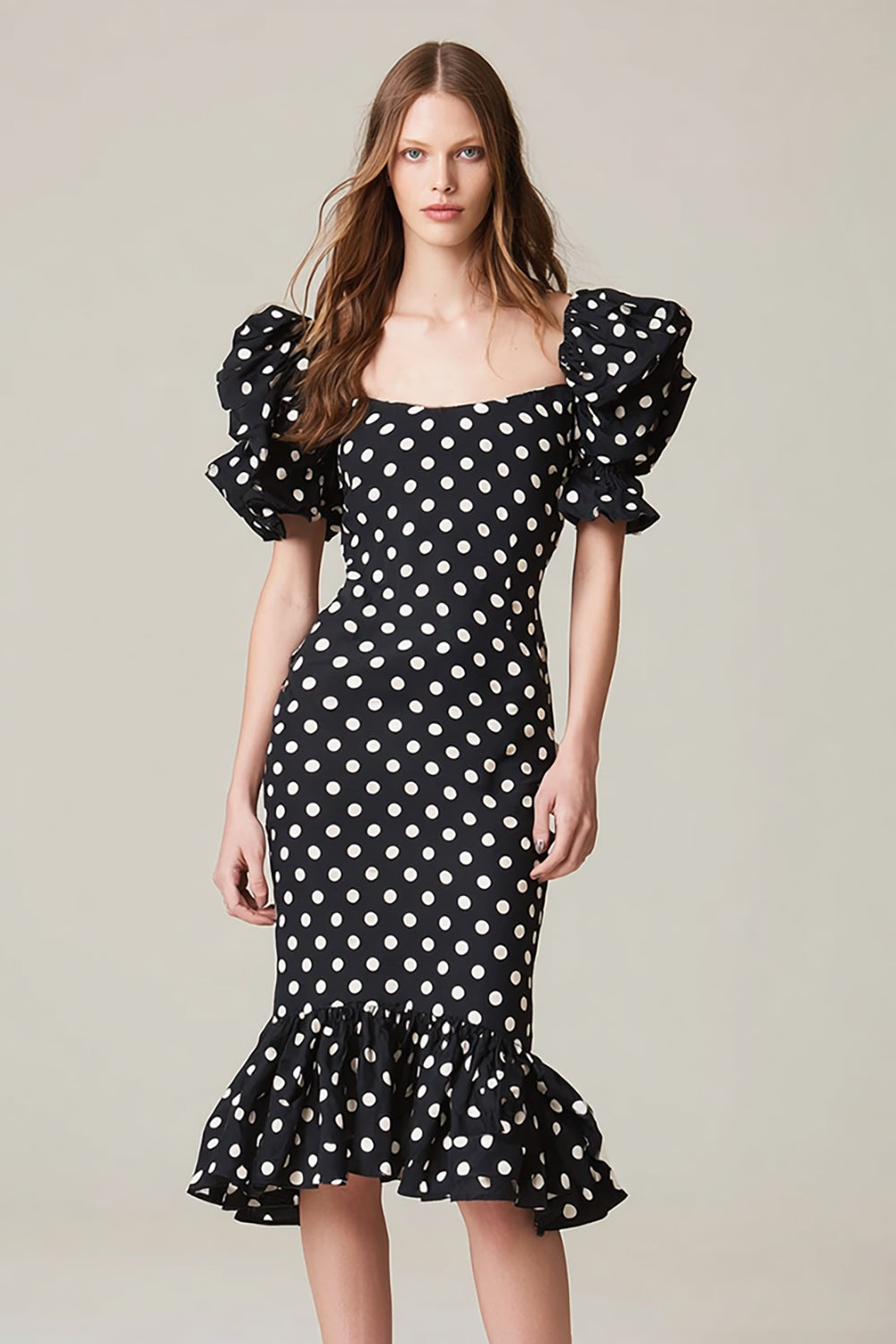 Black and White Square Neck Satin Mermaid Polka Dots Dress with Ruffles