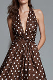 Brown and White Chiffon V-Neck A-Line Polka Dots Dress