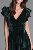 Dark Green V-Neck A-Line Velvet Long Formal Dress with Ruffles