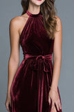Burgundy Velvet Halter A Line Formal Dress with Slit