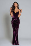 Plum Velvet Spaghetti Straps Sheath Ruched Formal Dress