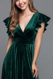 Dark Green V Neck Velvet A Line Formal Dress with Ruffled Sleeves