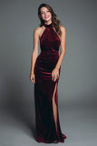 Halter Burgundy Velvet Sheath Ruched Formal Dress with Slit
