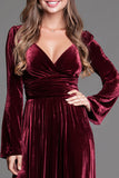 V Neck Burgundy Velvet A Line Formal Dress with Slit